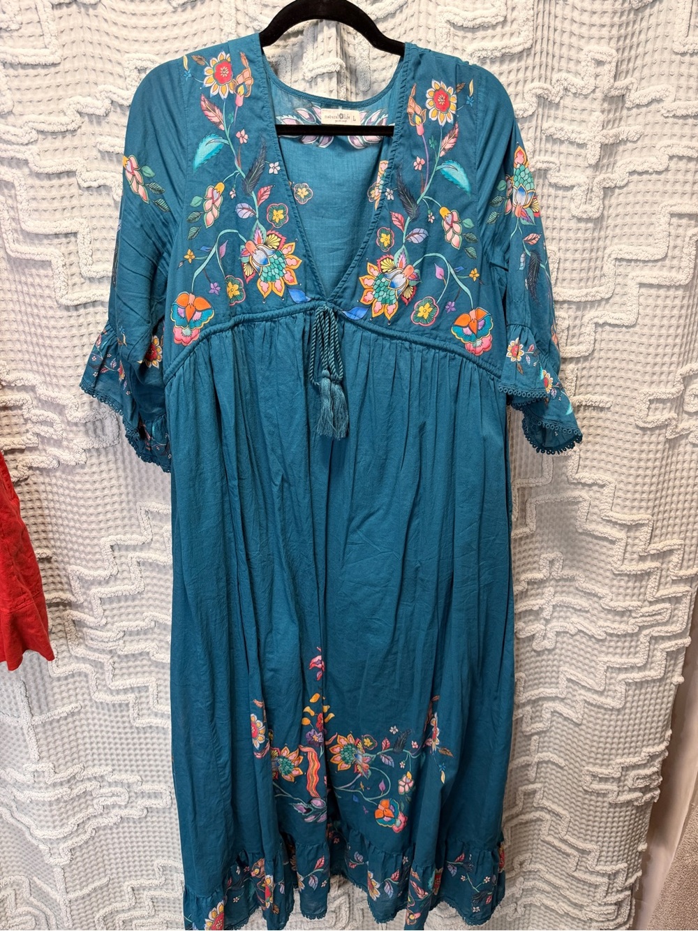 Natural Life Teal Floral Embroidered Boho Maxi Dress